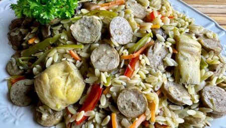 One Pan Chicken Sausage, Vegetables, and Orzo